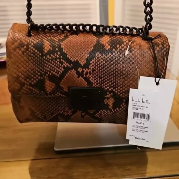 NWT Nicole Miller Brown and Black Snake Skin Crossbody Purse $60 Sealed - Picture 1 of 7